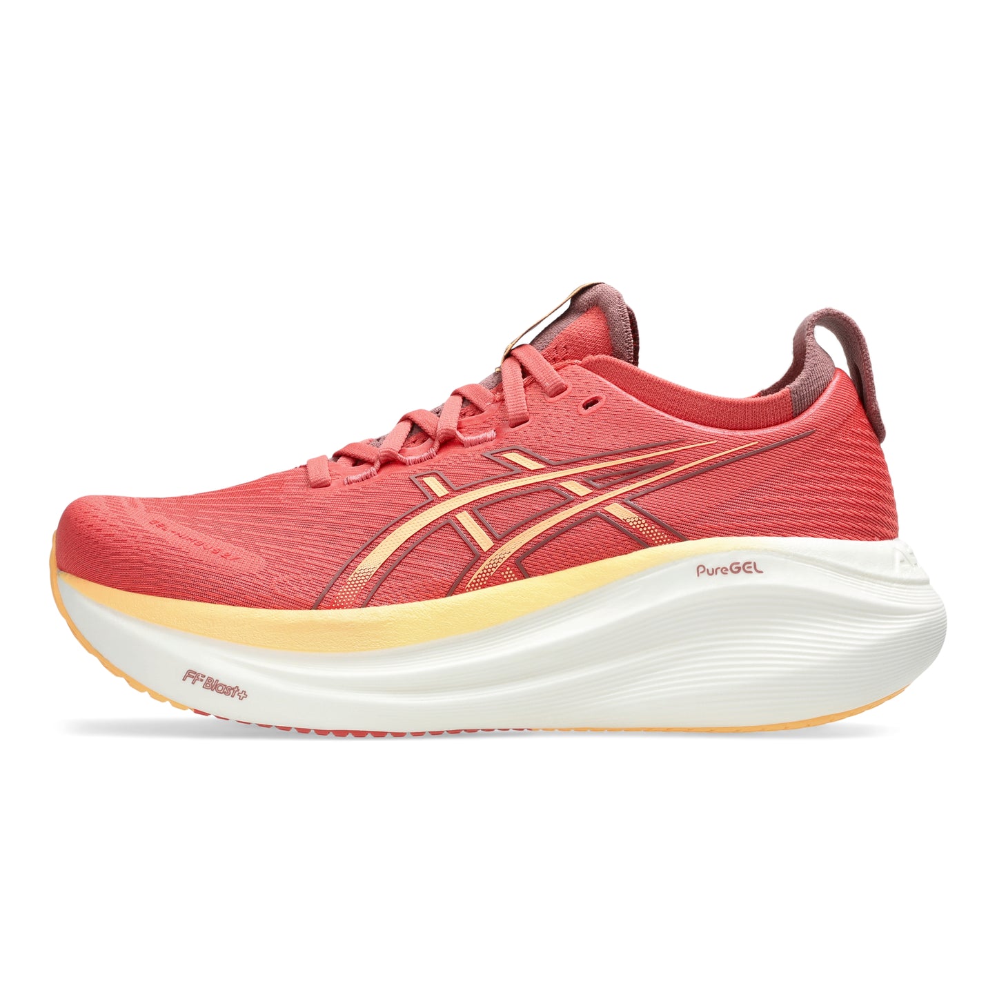 Red Asics running shoe with white sole on a white background
