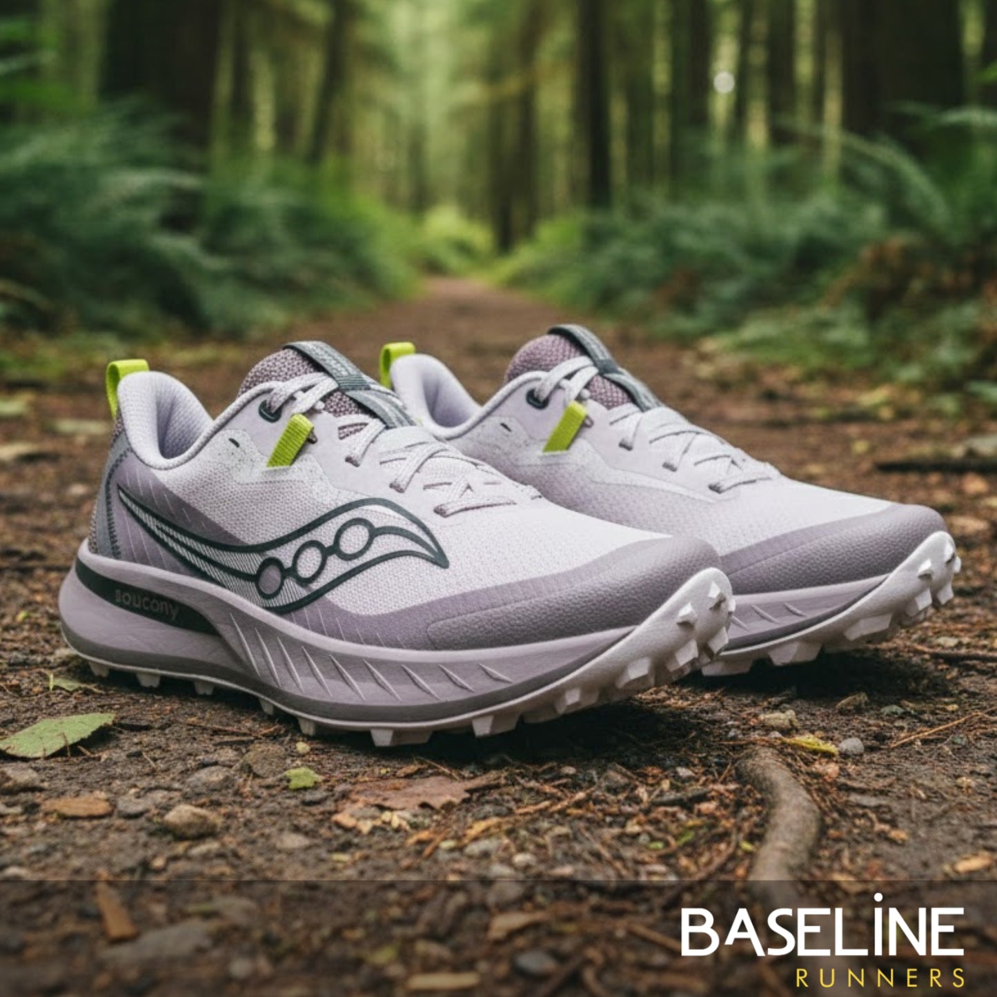 Purple and light purple running shoes with green accents on a forest floor, featuring the Baseline Runners brand