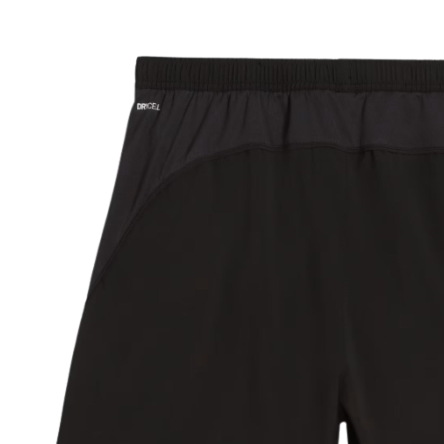 Black Puma shorts with a Drycell label on a white background