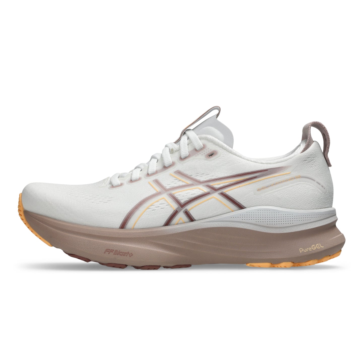 White Asics running shoe with brown sole on a white background