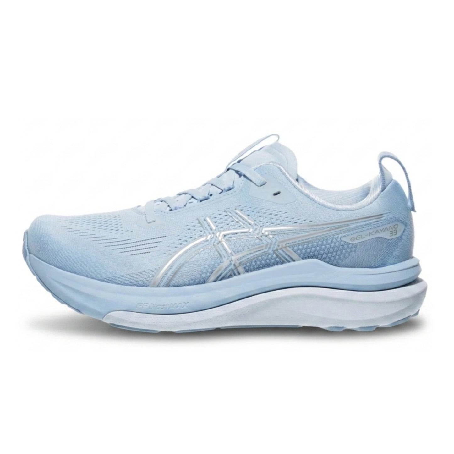 Light Asics blue running shoe on a white background