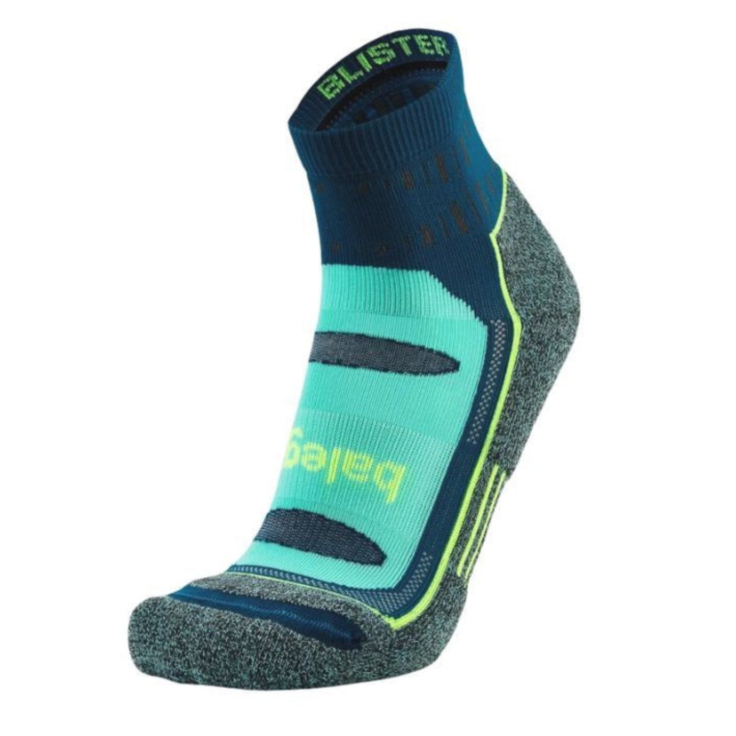 Blue and green athletic sock with 'Balega' branding on a white background