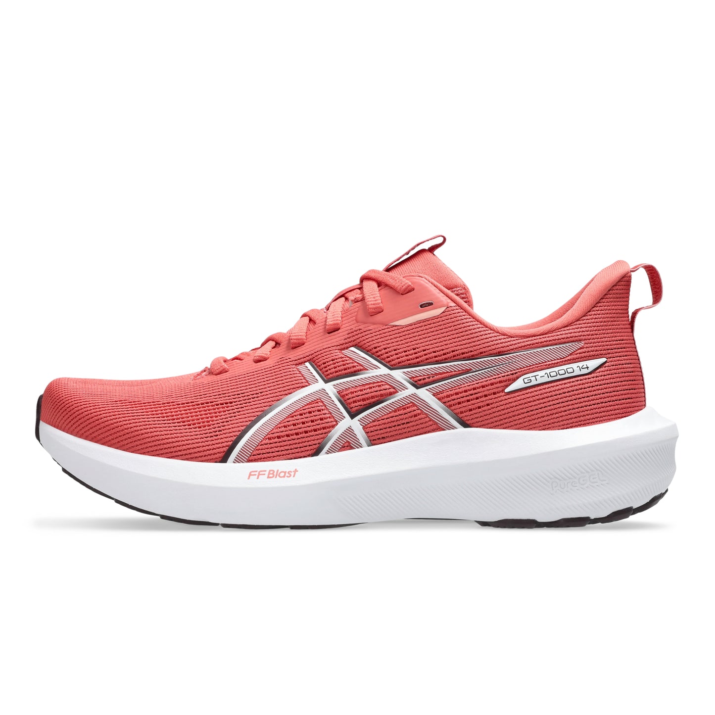 Red Asics running shoe with white sole on a white background