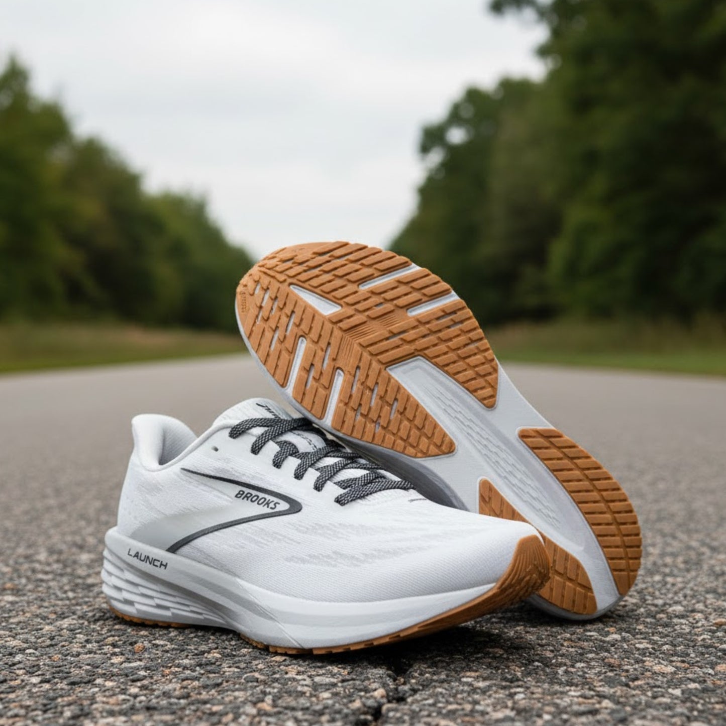White Brooks running shoes with brown soles on a road with greenery in the background