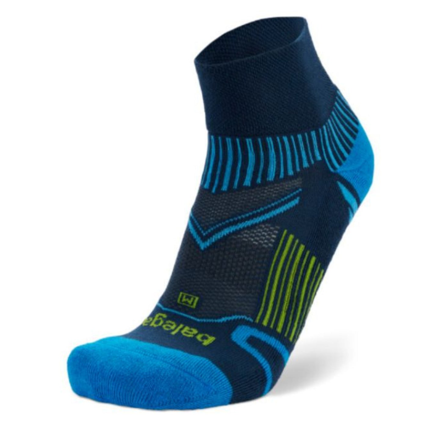 Blue and black athletic sock with brand logo on a white background
