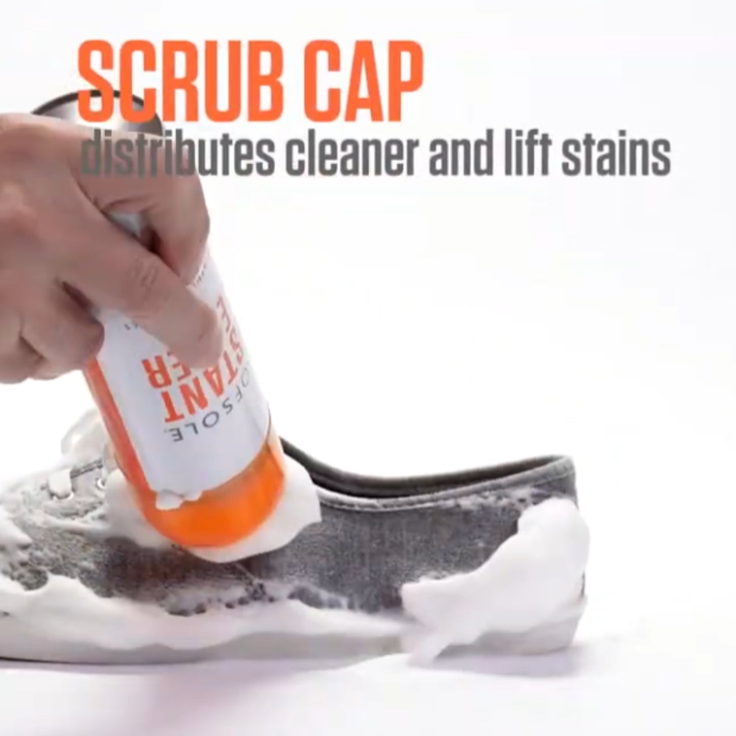 Person using a cleaning product on a shoe with text indicating its use.