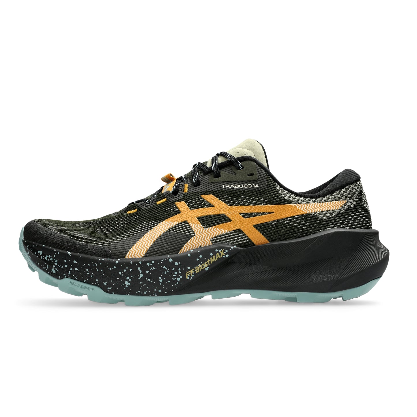 A black Asics Trabuco trail running shoe with a prominent orange stripe logo, black laces, and a speckled black and light blue sole, shown against a plain white background.
