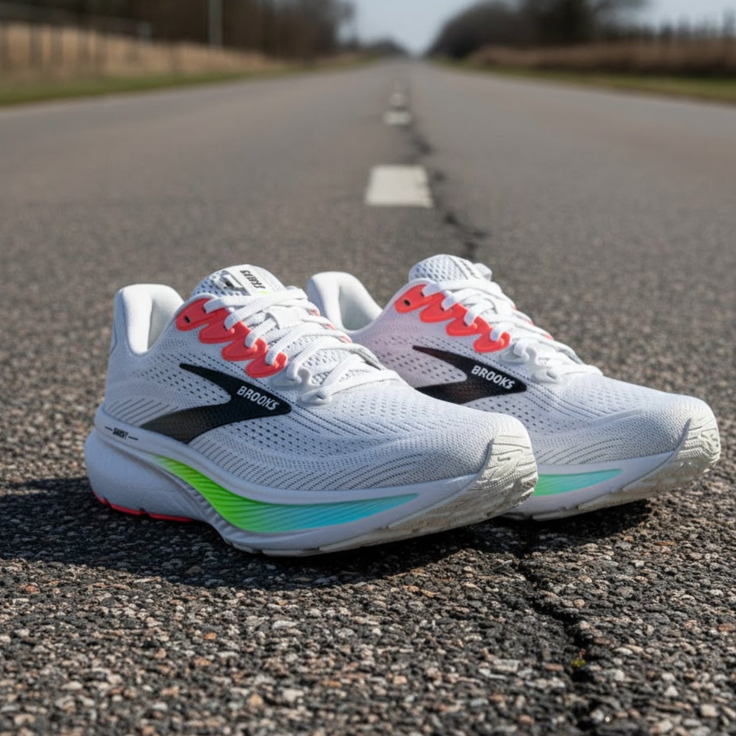 White Brooks running shoes with colorful accents on a road