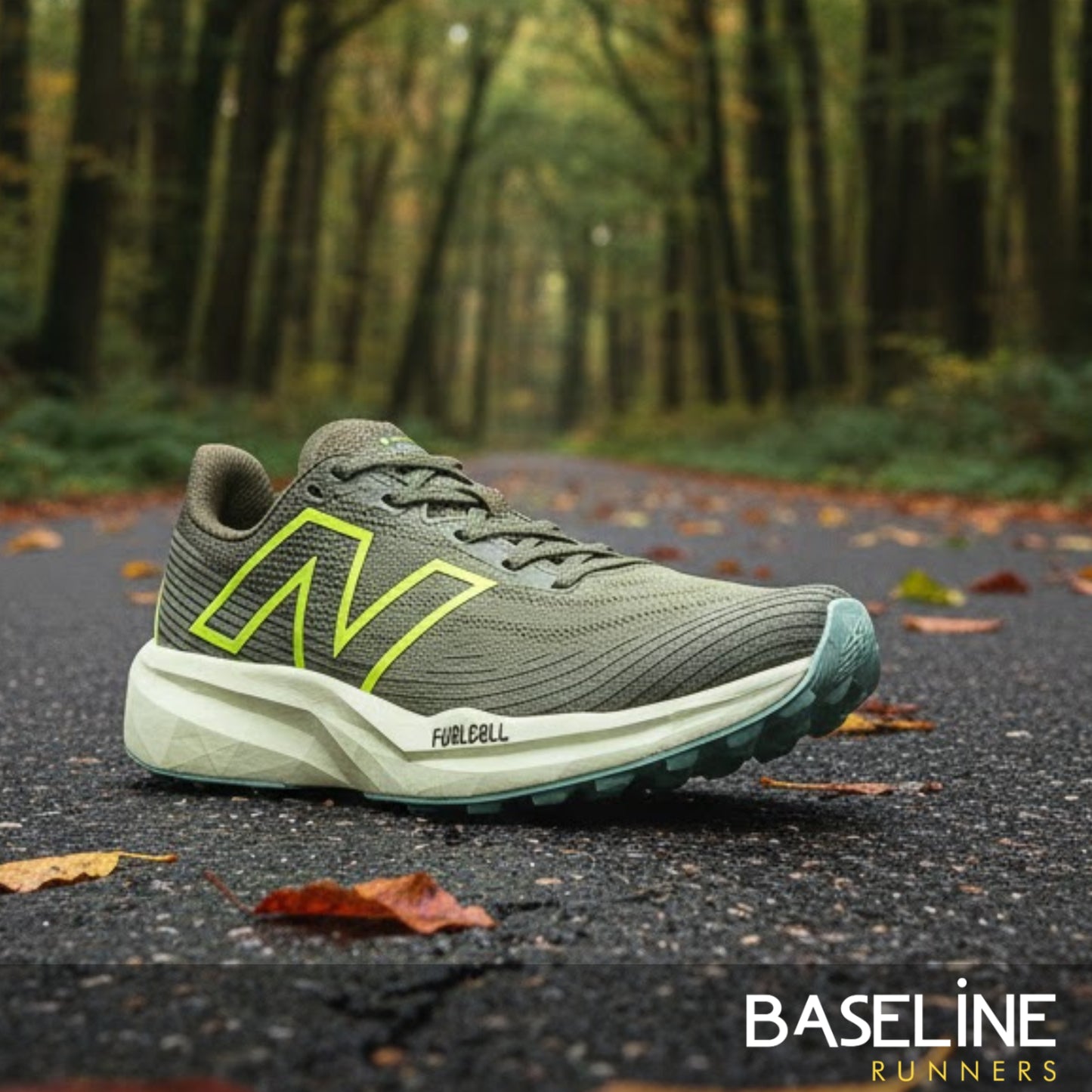 Green running shoe with green accents on a forest path, featuring the brand 'Baseline Runners'.