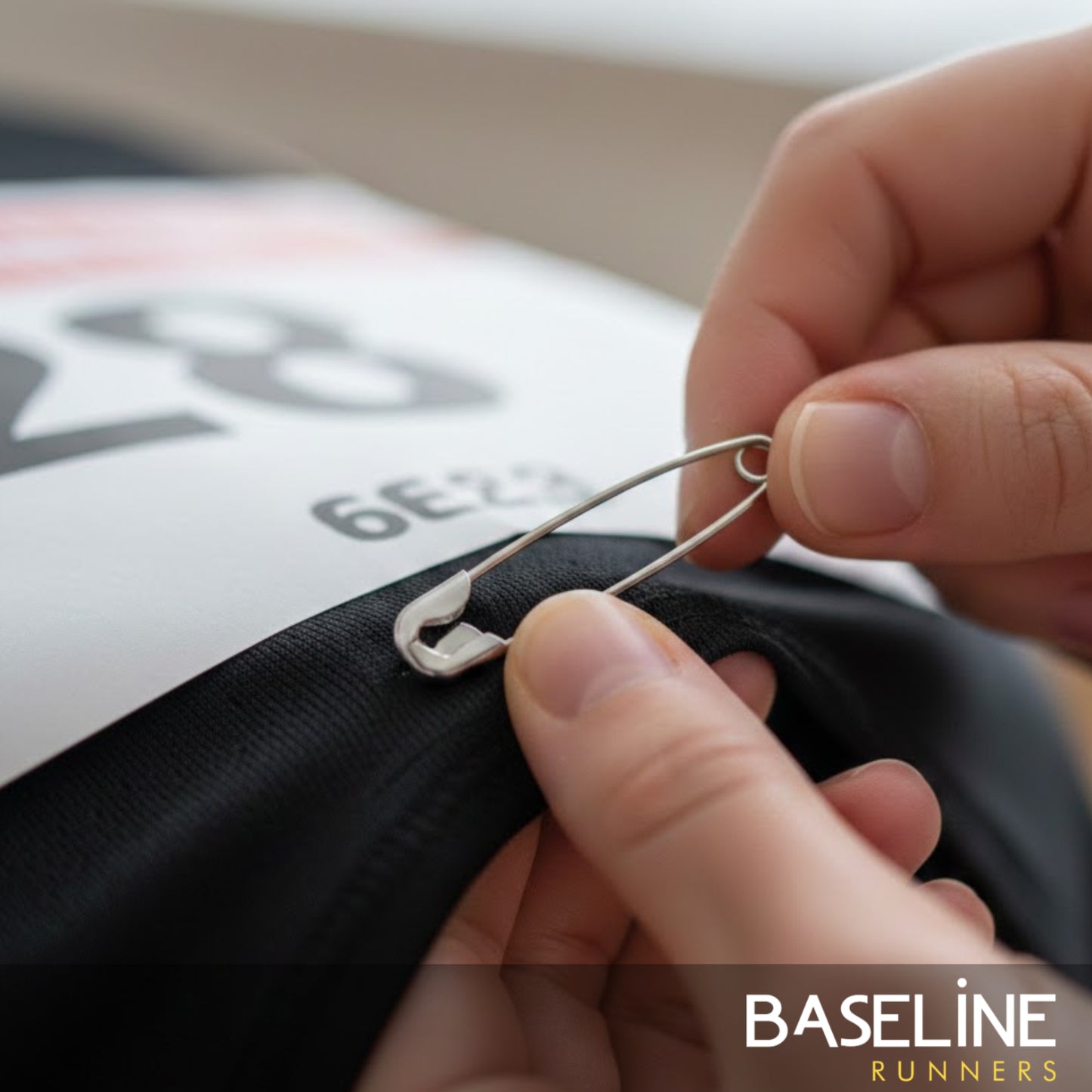 Person using a safety pin on a bag with 'BASELINE RUNNERS' branding.