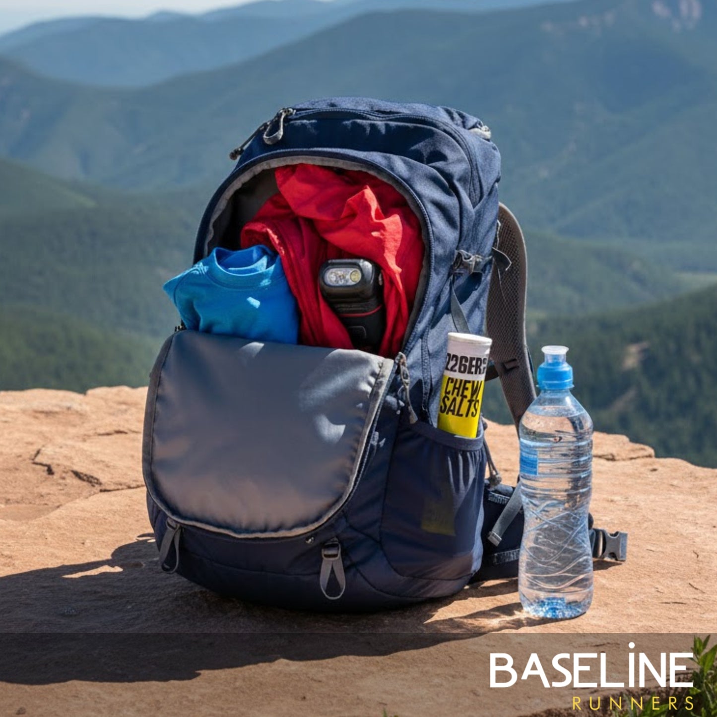 Backpack with supplies on a mountain top with 'Baseline Runners' branding.