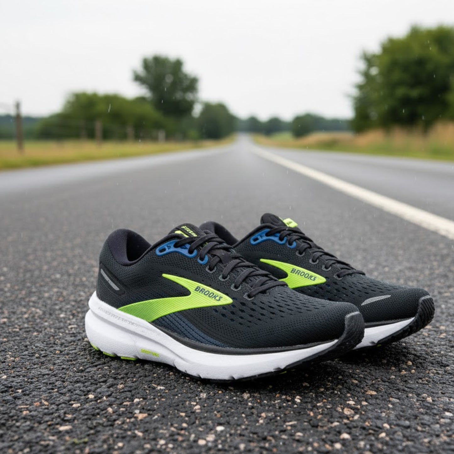 Black Brooks running shoes with green accents on a road with trees in the background