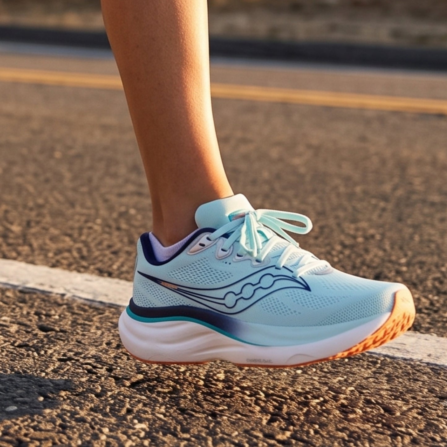 Person wearing a Saucony running light blue shoe with dark blue accents on a road