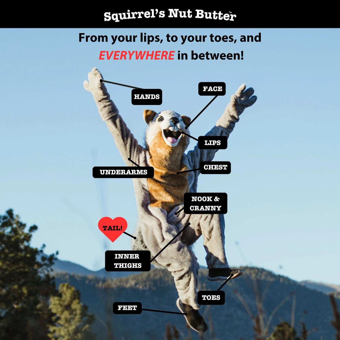 Person in a squirrel costume with labeled areas on a blue sky background, promoting Squirrel's Nut Butter.