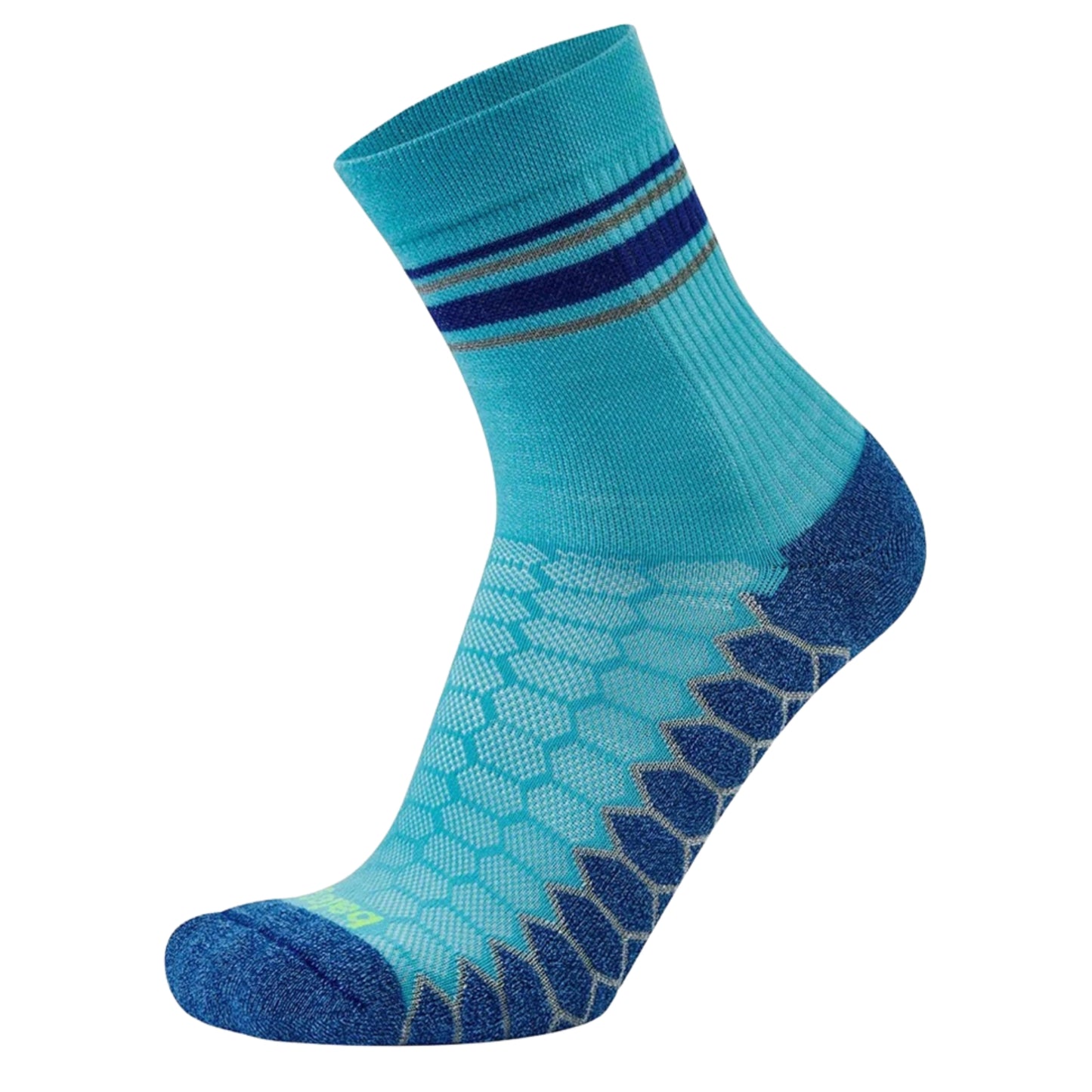 Blue sock with a textured pattern on a white background