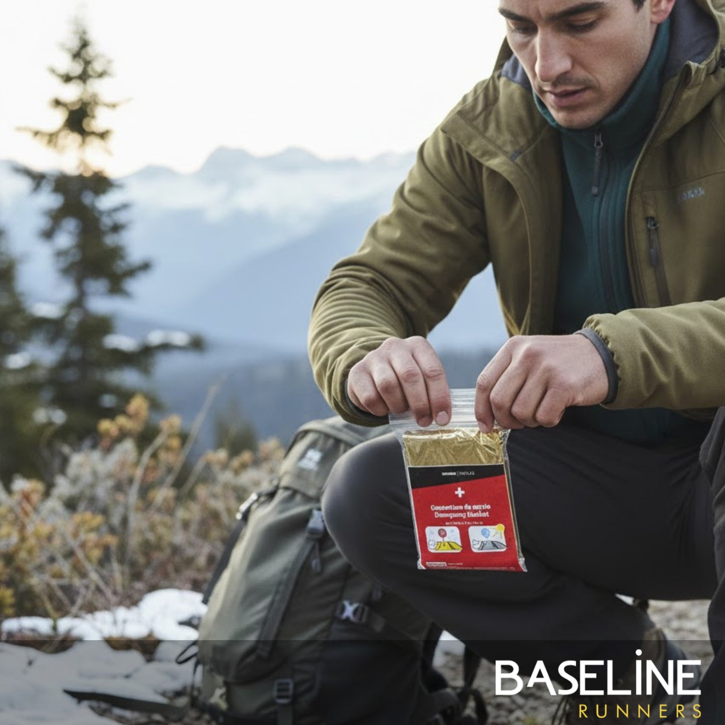 Man in outdoor setting holding a product package with mountains in the background