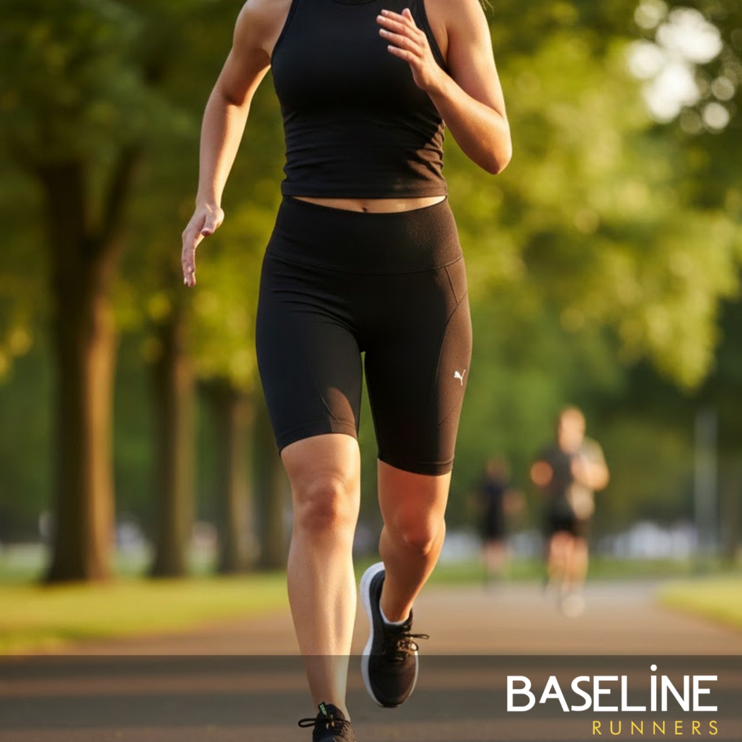 Person running in a park with 'Baseline Runners' branding.