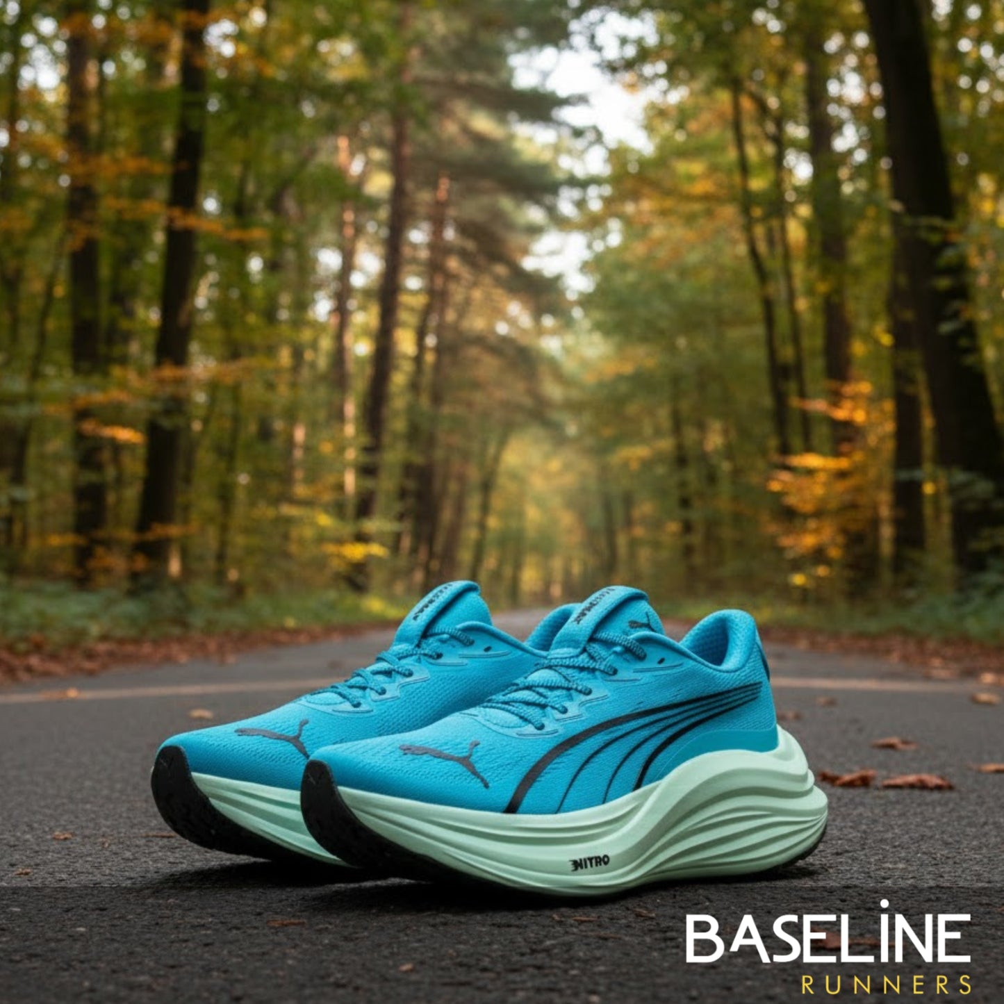 Blue running shoes on a forest path with 'Baseline Runners' branding.
