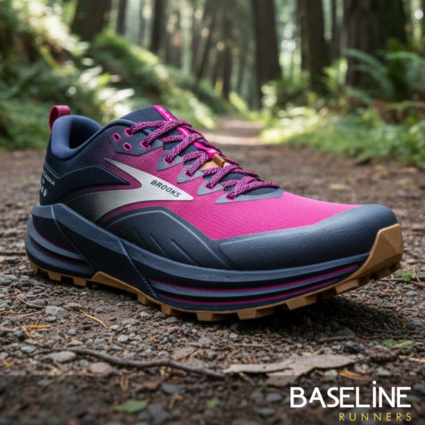 Pink and blue running shoe on a forest path with 'Baseline Runners' branding.
