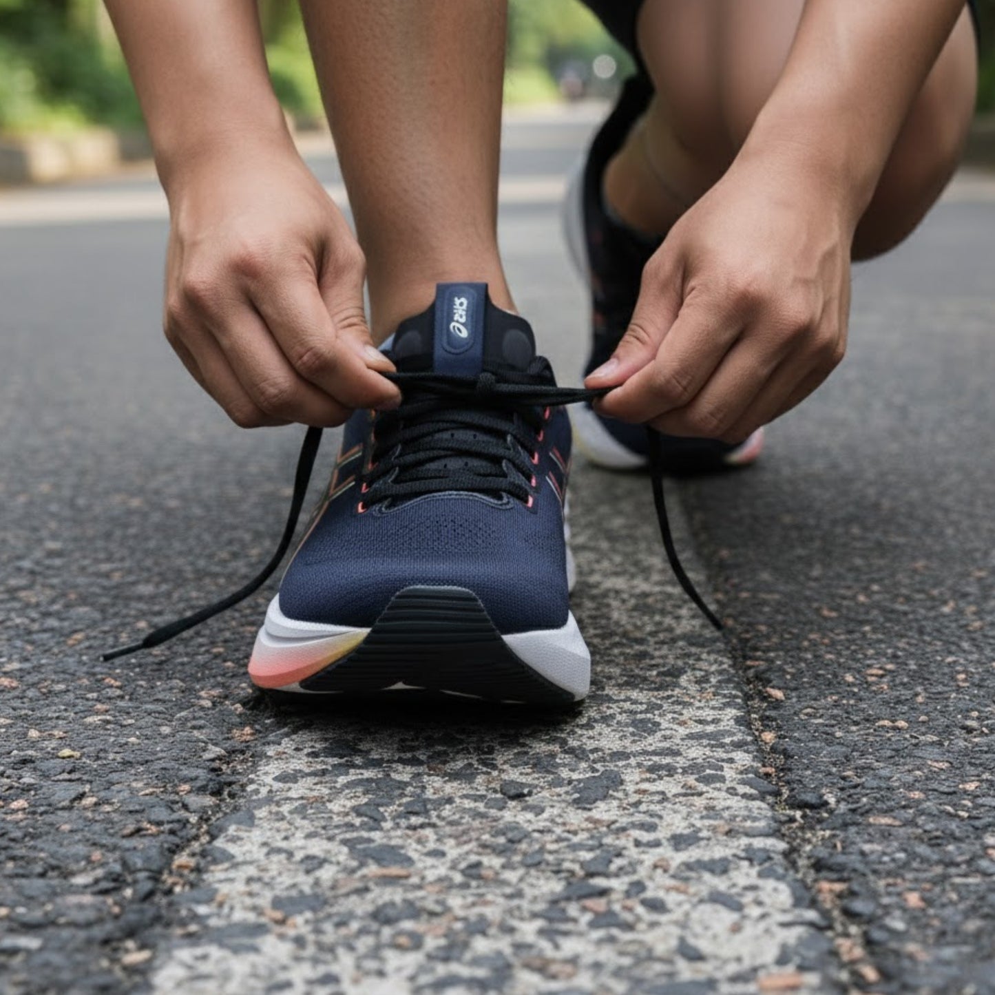 Person tying the laces of a blue Asics running shoe on an asphalt surface