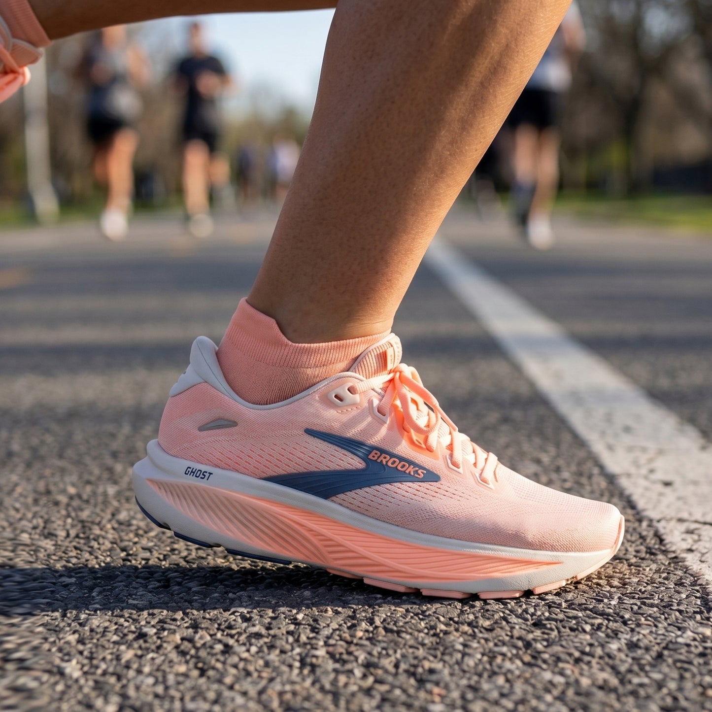 A close-up of a runner's foot wearing a Brooks Ghost running shoe in light pink with a dark blue logo and matching pink socks, standing on an asphalt running track with blurred runners in the background.