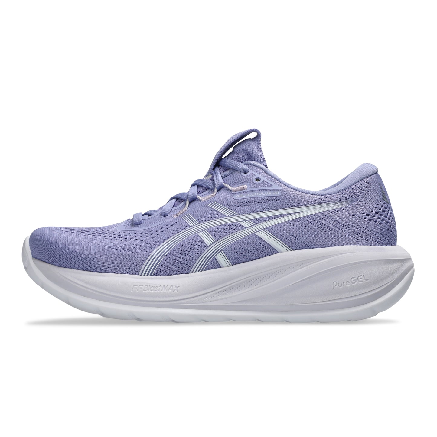 Purple Asics running shoe with white sole on a white background