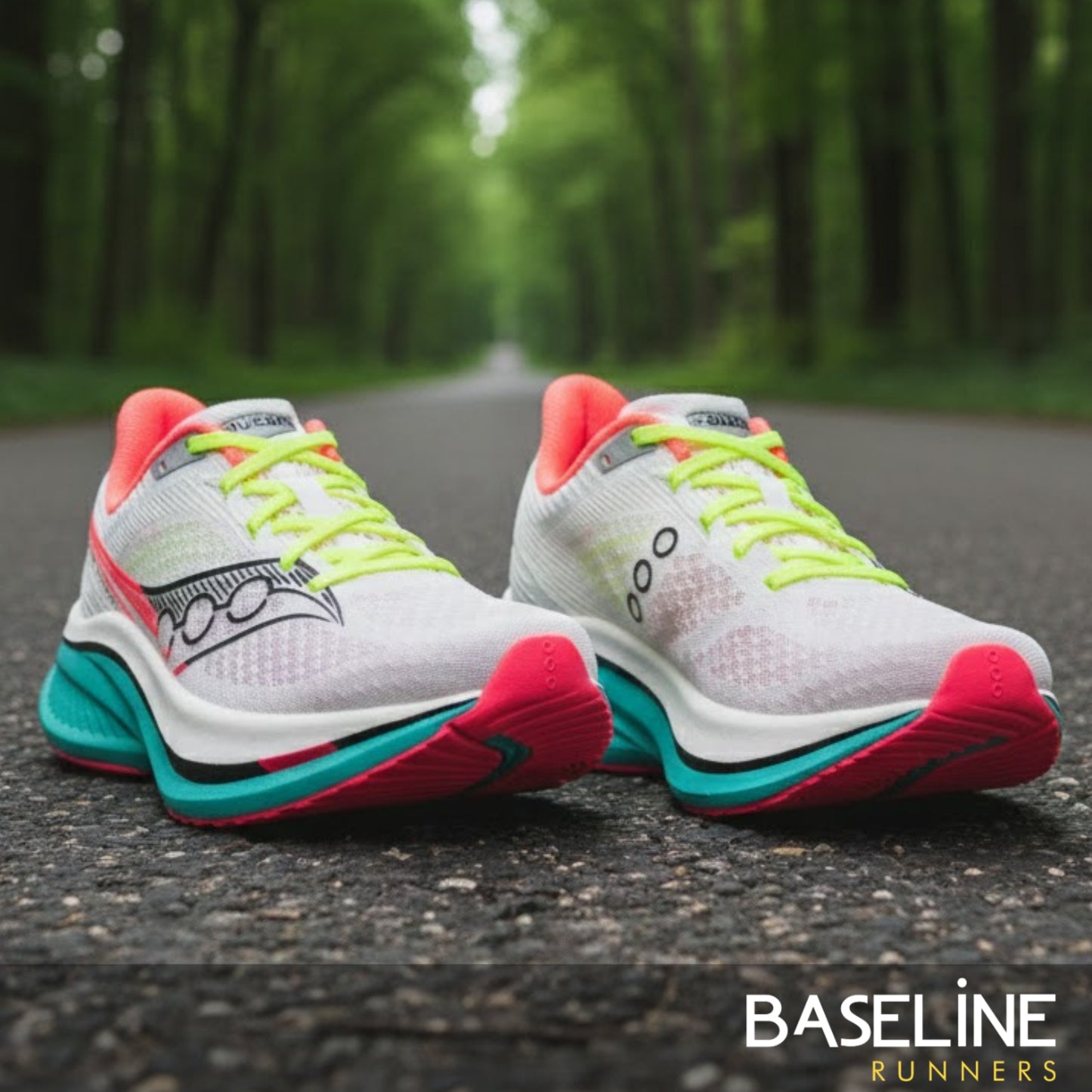 Colorful running shoes on a road with a blurred forest background, featuring the 'Baseline Runners' brand.
