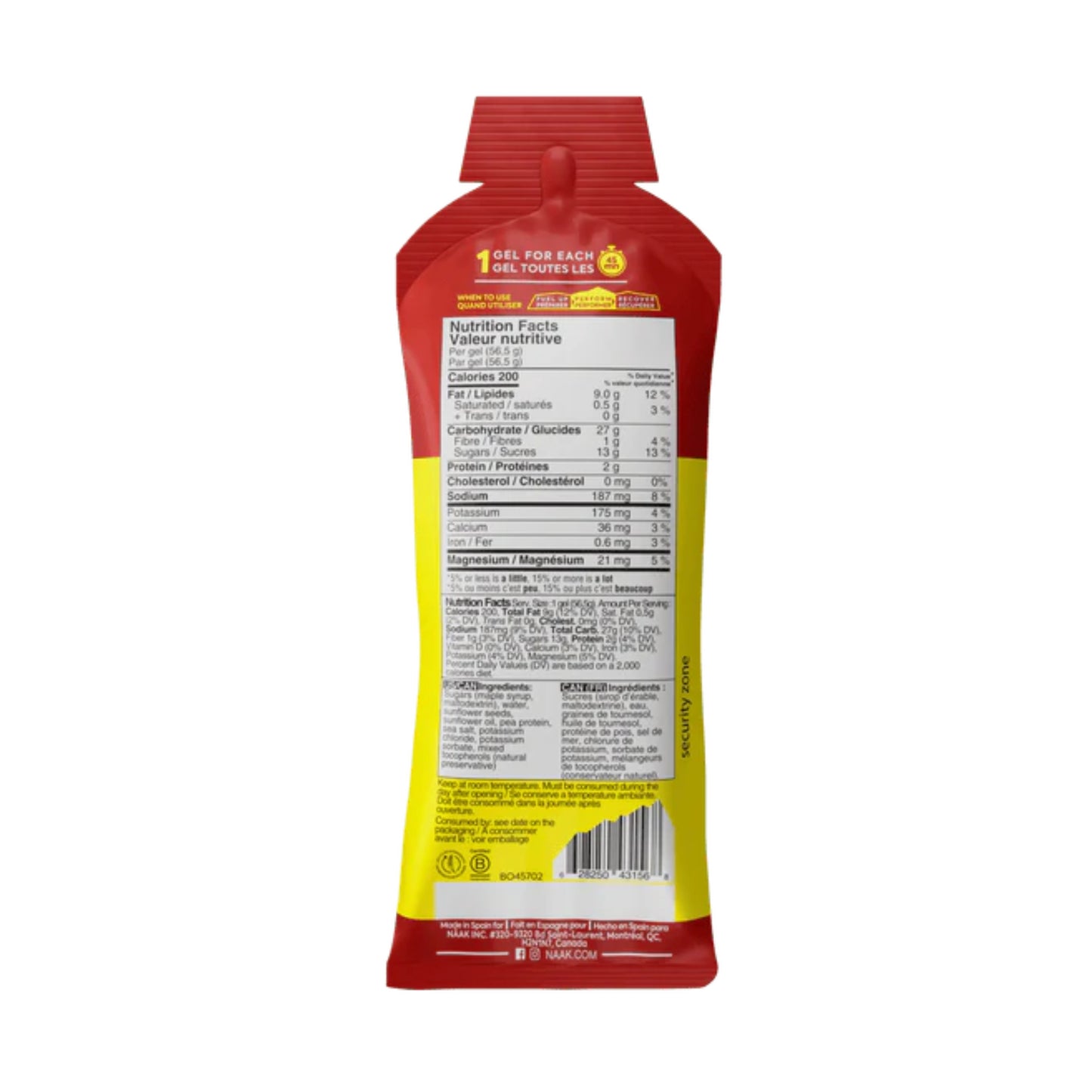 Red and yellow package with nutritional information on a white background
