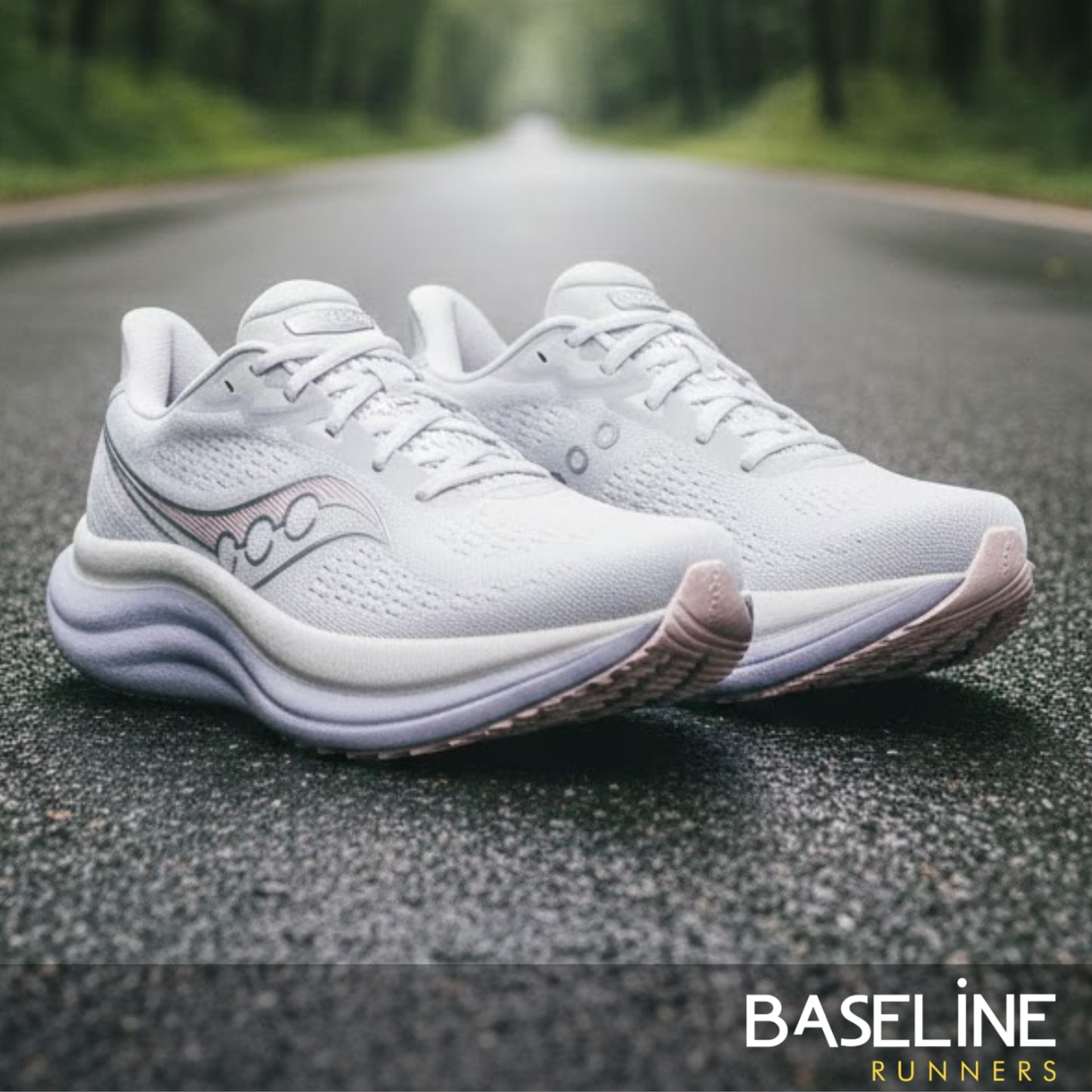 White running shoe with light purple sole a brand logo on a white background