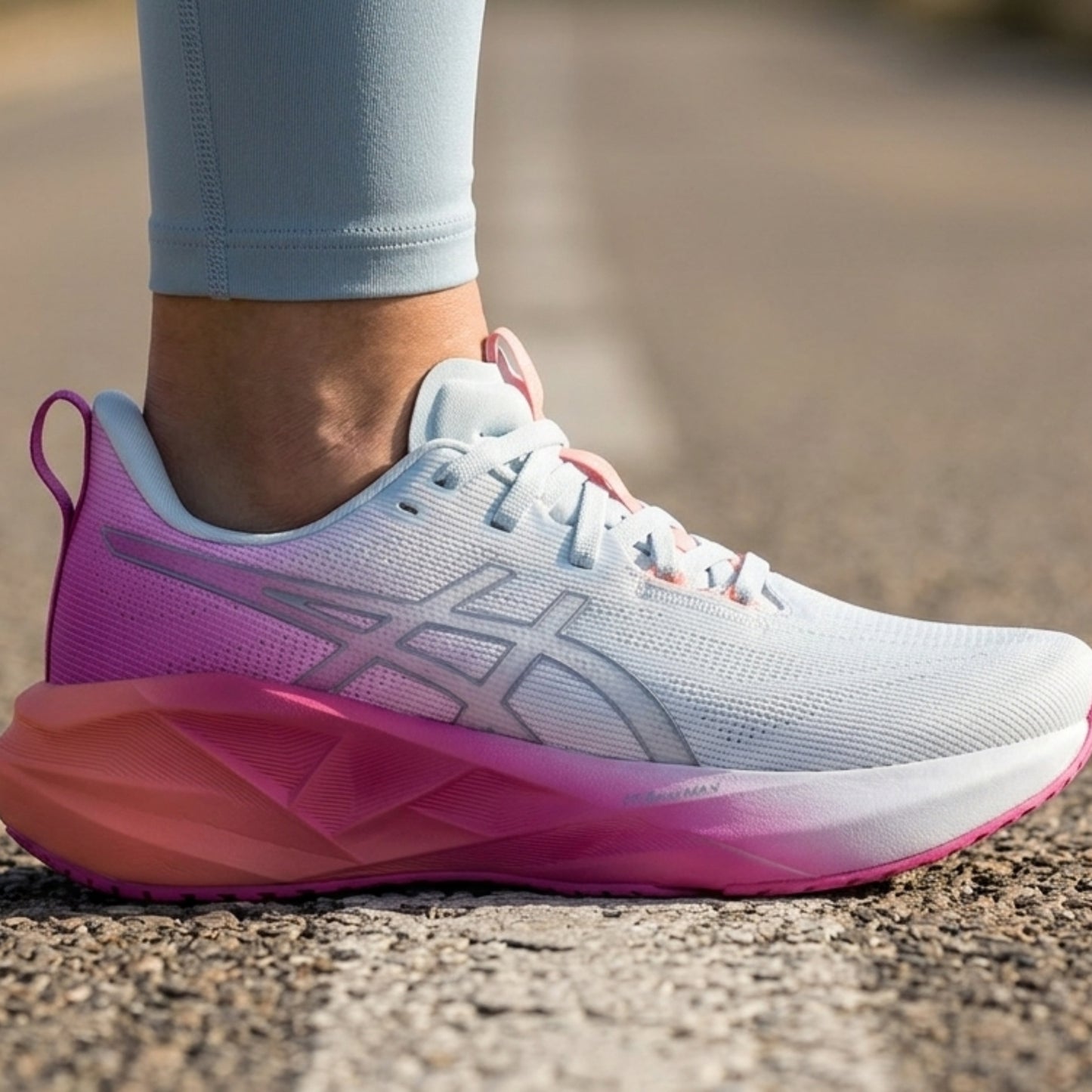 Person wearing white and pink Asics shoe with a coral running shoe on a road background