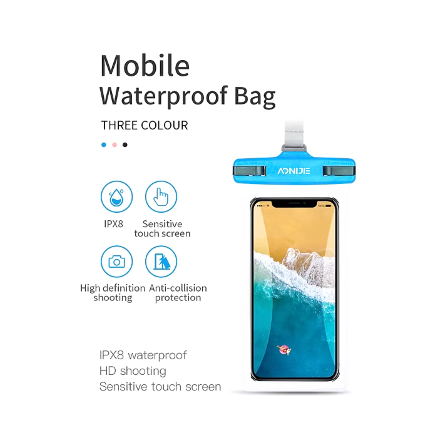 Mobile waterproof bag with smartphone on a white background