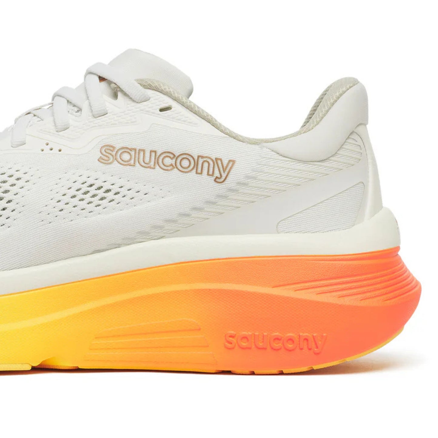 White running shoe with orange sole featuring Saucony branding on a white background
