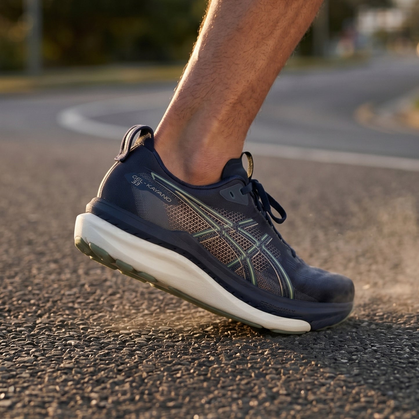 Person wearing a navy blue Asics running shoe with green and gold accents on a white background