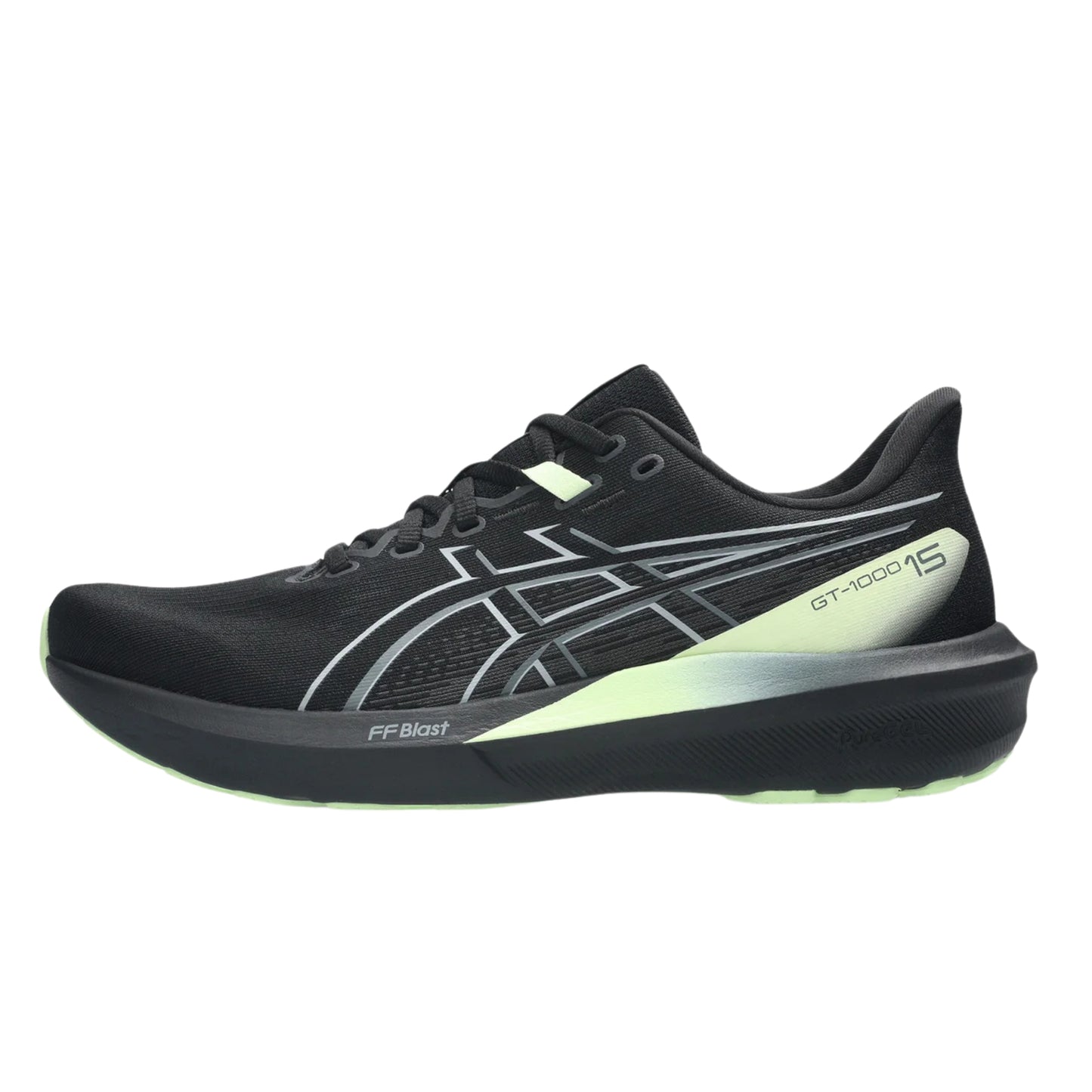Black and yellow Asics running shoe on a white background
