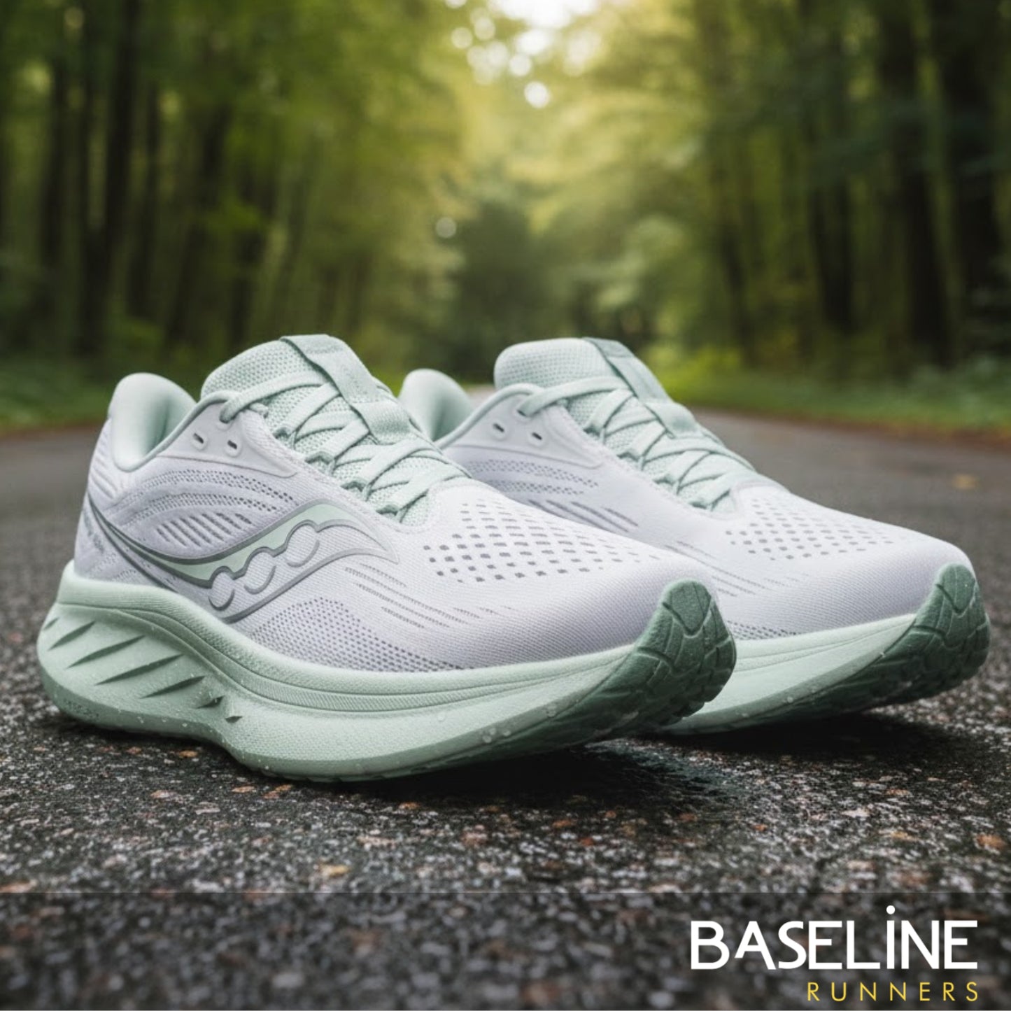 Pair of light green running shoes on a road with a blurred natural background