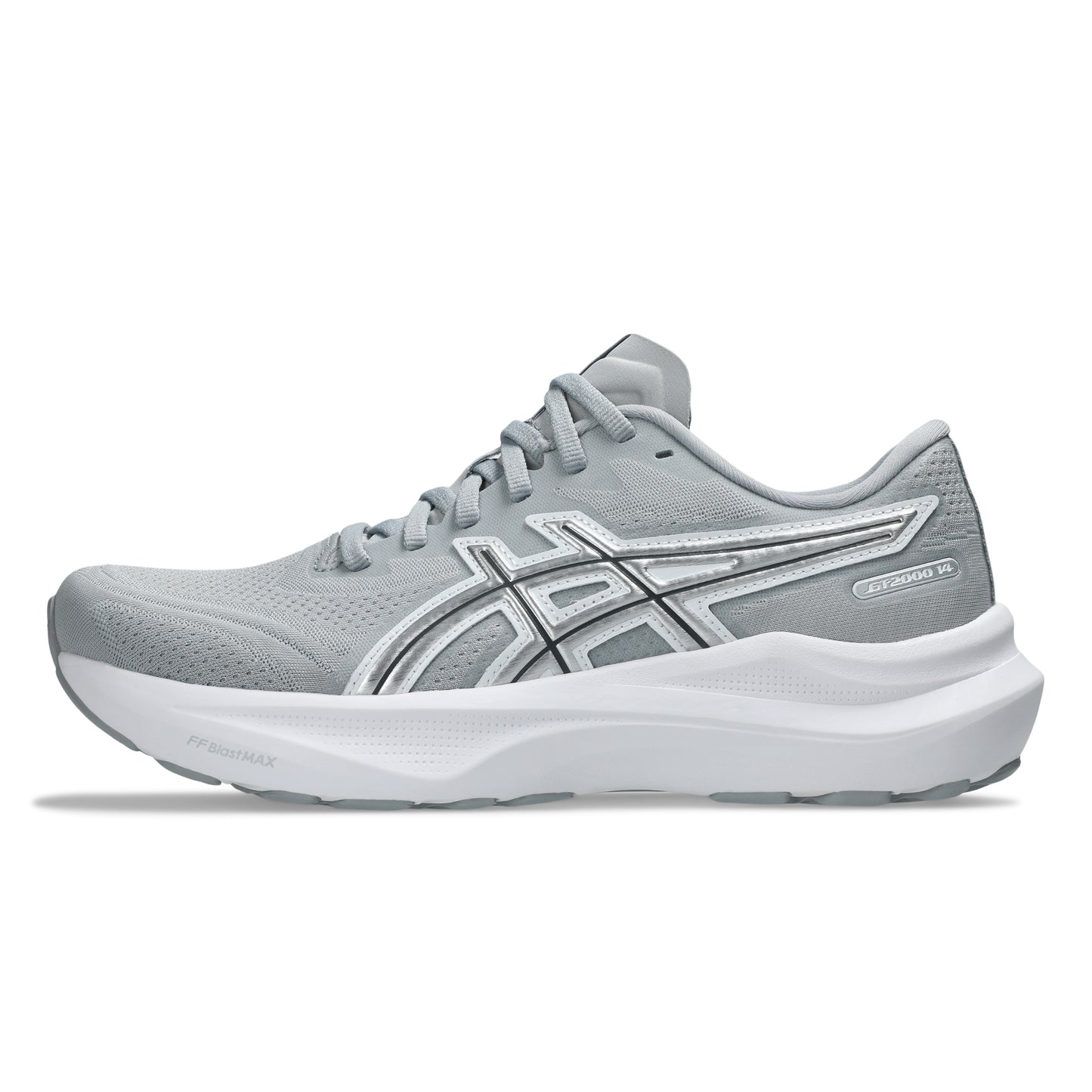 Gray running shoe with white sole on a white background