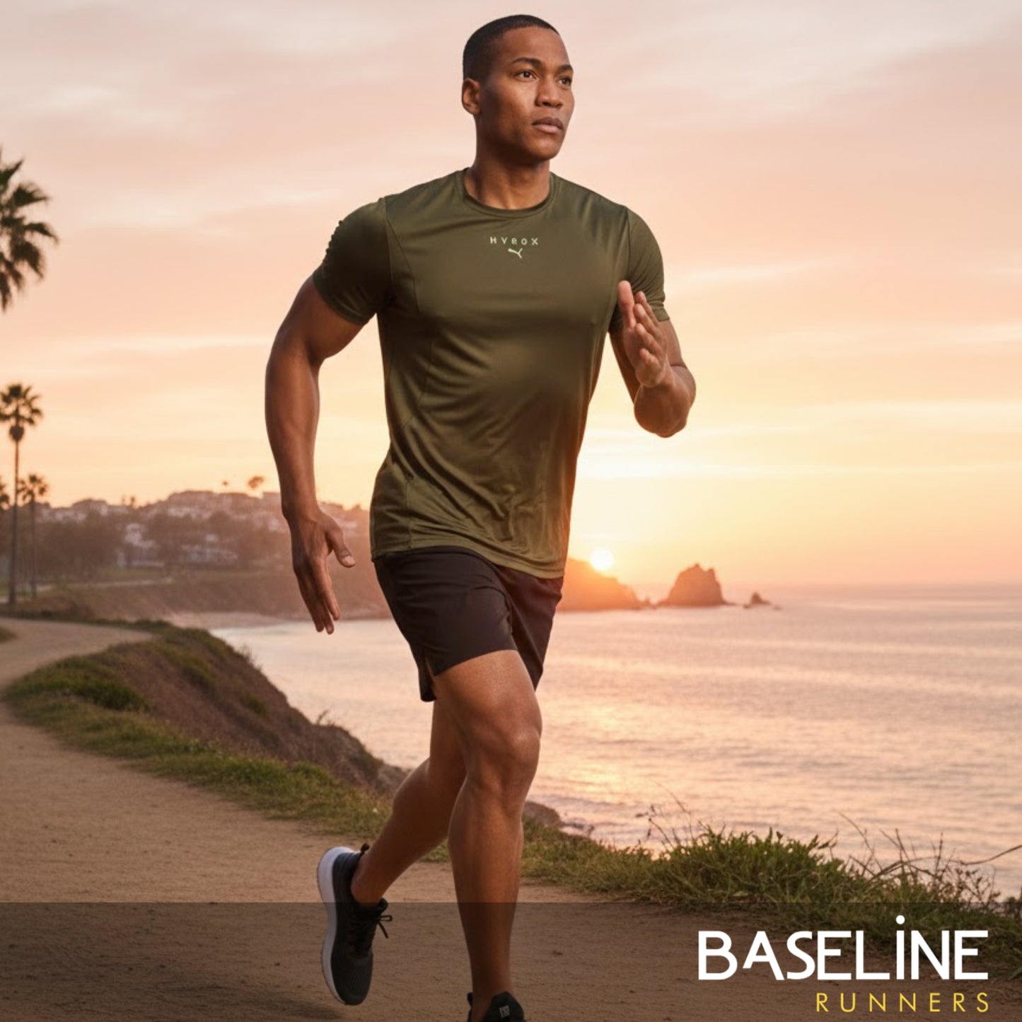Man running on a path by the ocean with 'Baseline Runners' branding.