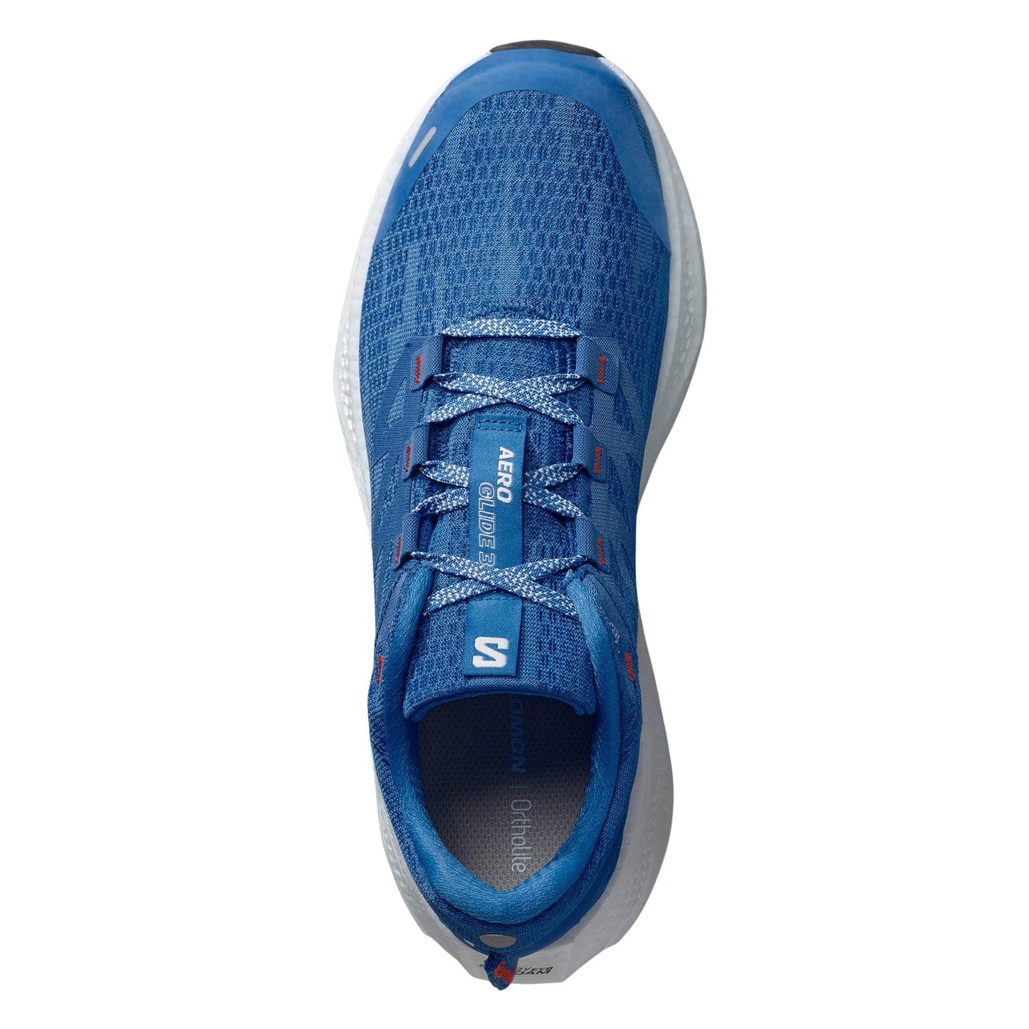 Blue Salomon running shoe with white sole on a white background