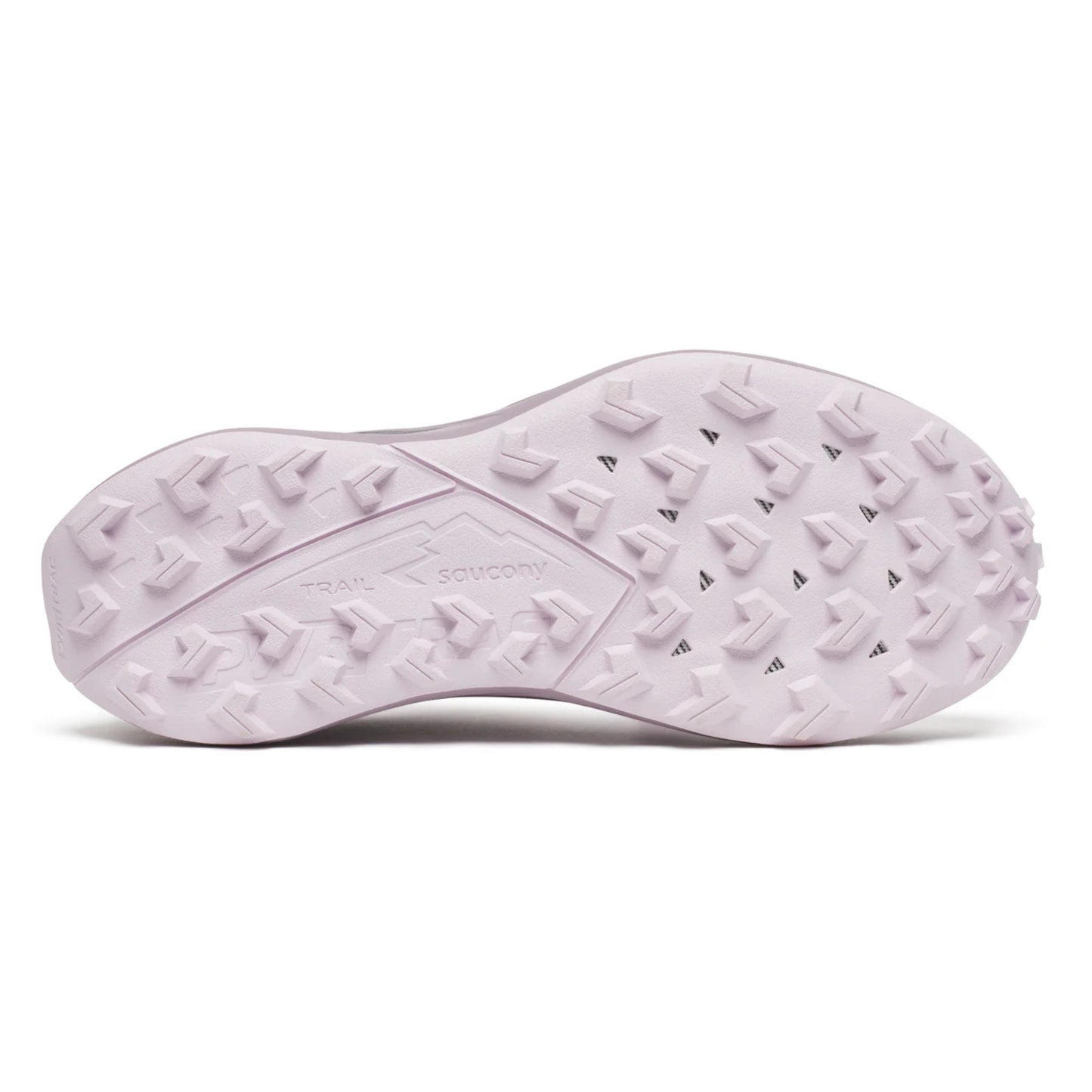 Close-up of a white running shoe sole with tread pattern on a white background