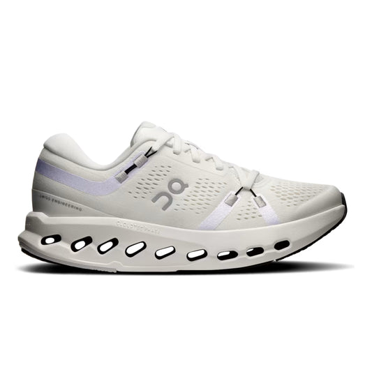 A white On running shoe with light purple accents and a black sole, shown in a side profile on a white background.