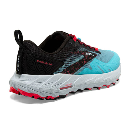 Brooks running shoe with black, blue, and red design on a white background