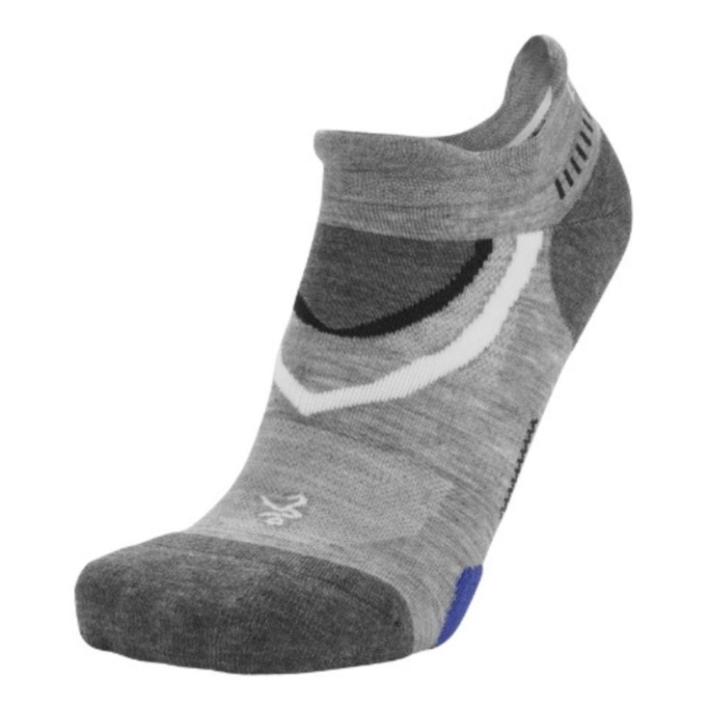 Gray ankle sock with a white logo on a white background