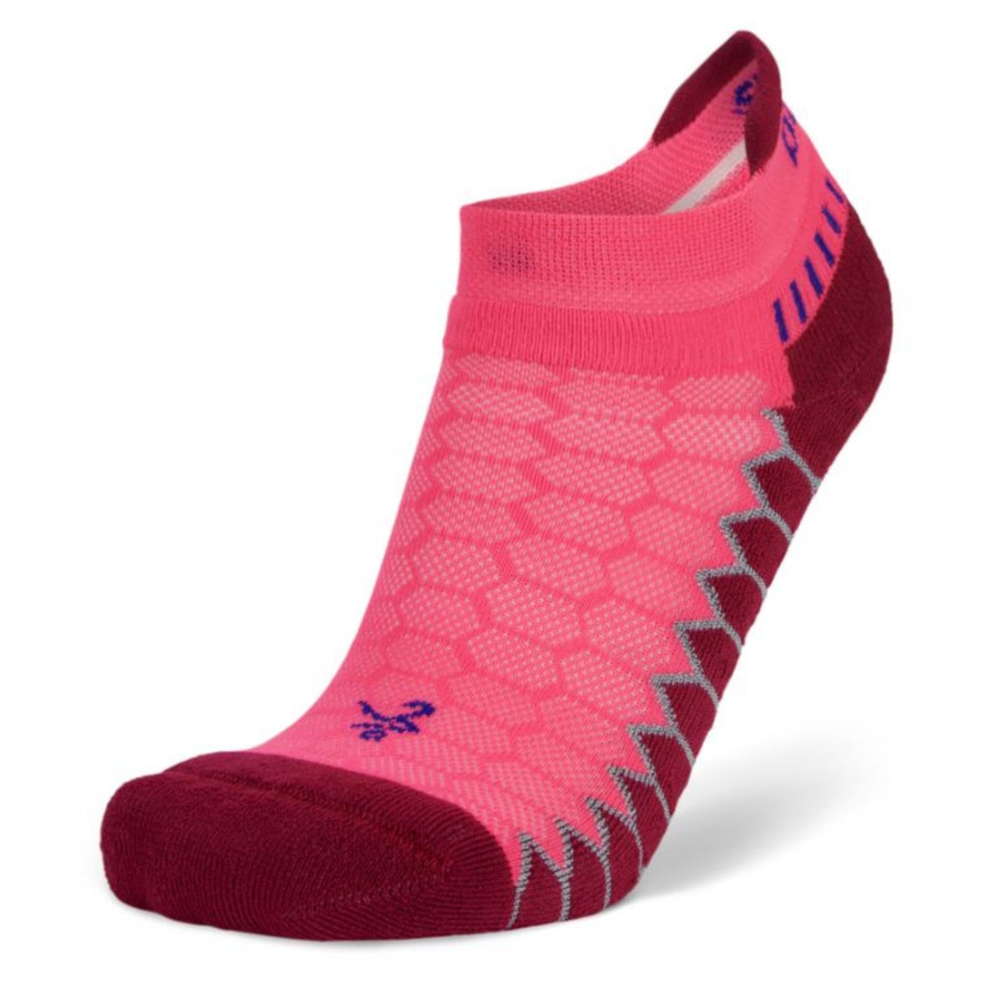 Pink and red sock with a subtle pattern on a white background