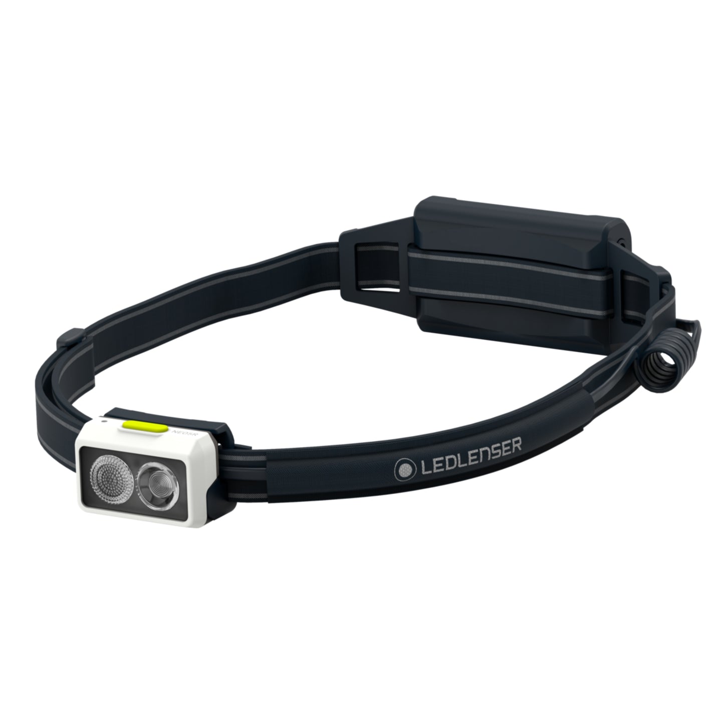 Black LED lenser headlamp on a white background