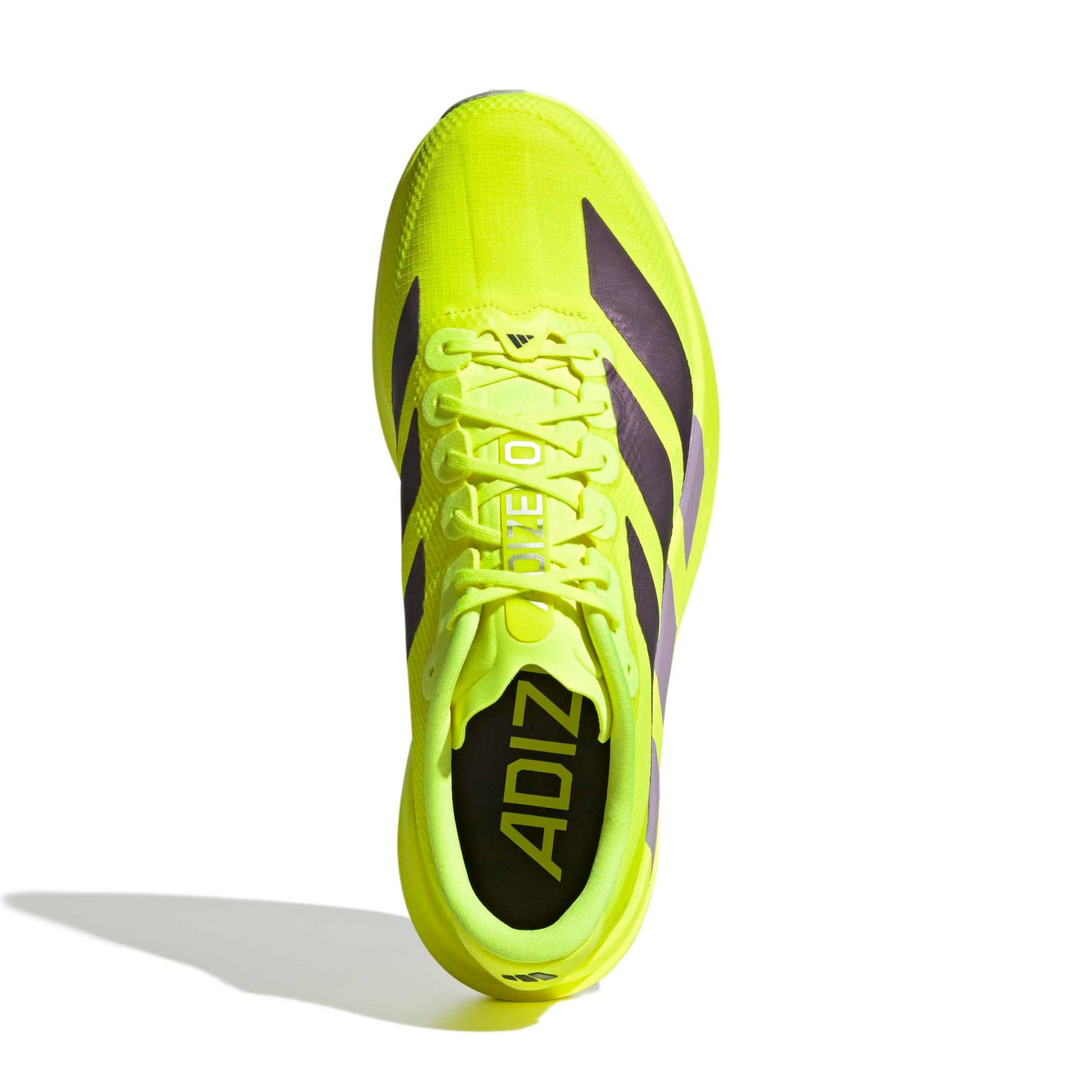 Bright yellow adidas running shoe with black accents on a white background