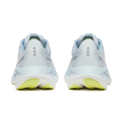 Back of the Saucony running shoe with 3 dots and light blue sole 