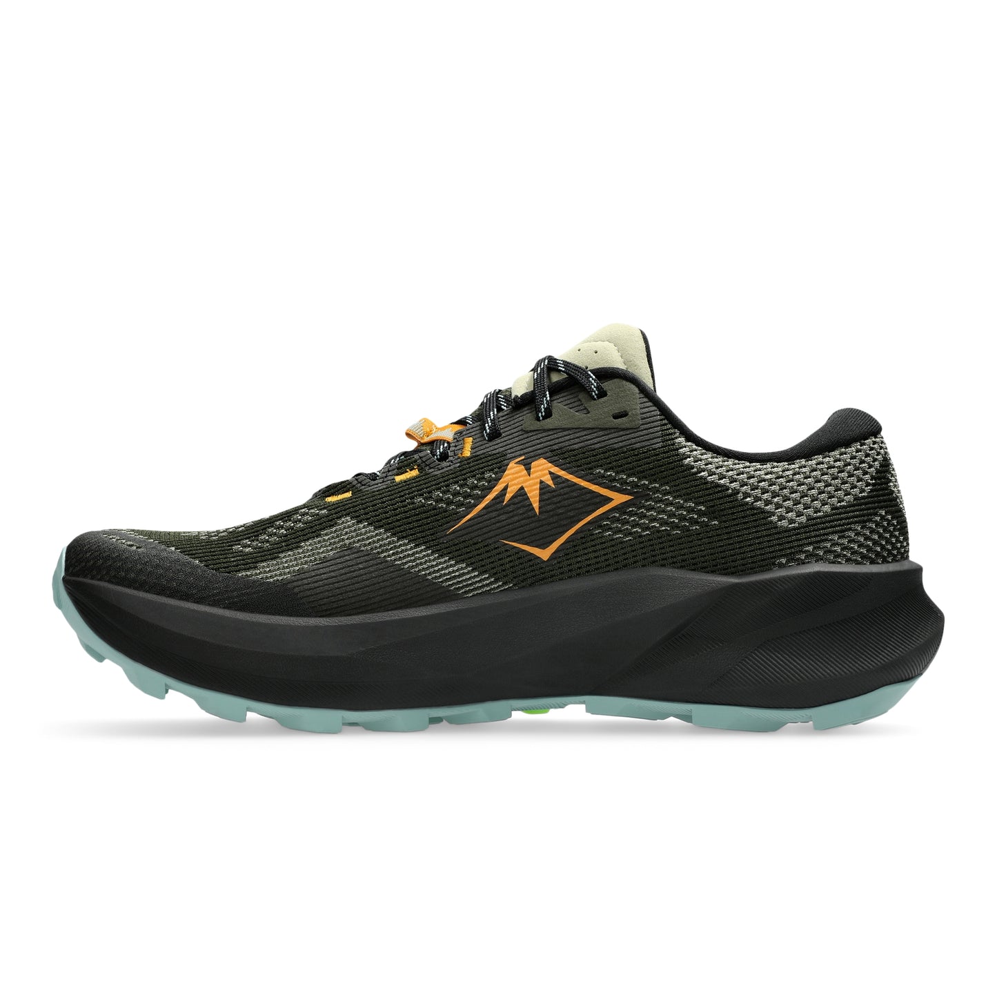 A black Asics trail running shoe with a textured orange stripe, black and white speckled midsole, and a light teal outsole, shown in a side profile on a white background.