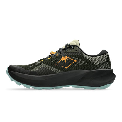 A black Asics trail running shoe with a textured orange stripe, black and white speckled midsole, and a light teal outsole, shown in a side profile on a white background.