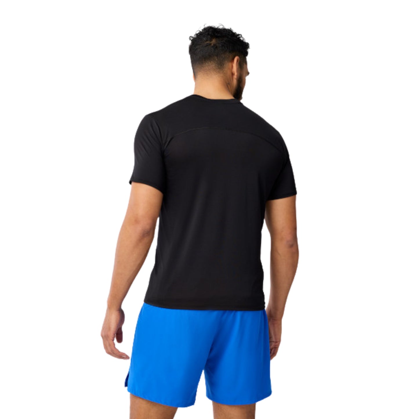 Man wearing a black t-shirt and blue shorts on a white background