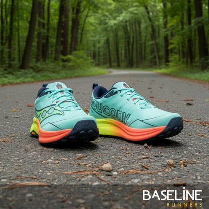 Blue, orange and yellow running shoe with a forest background 